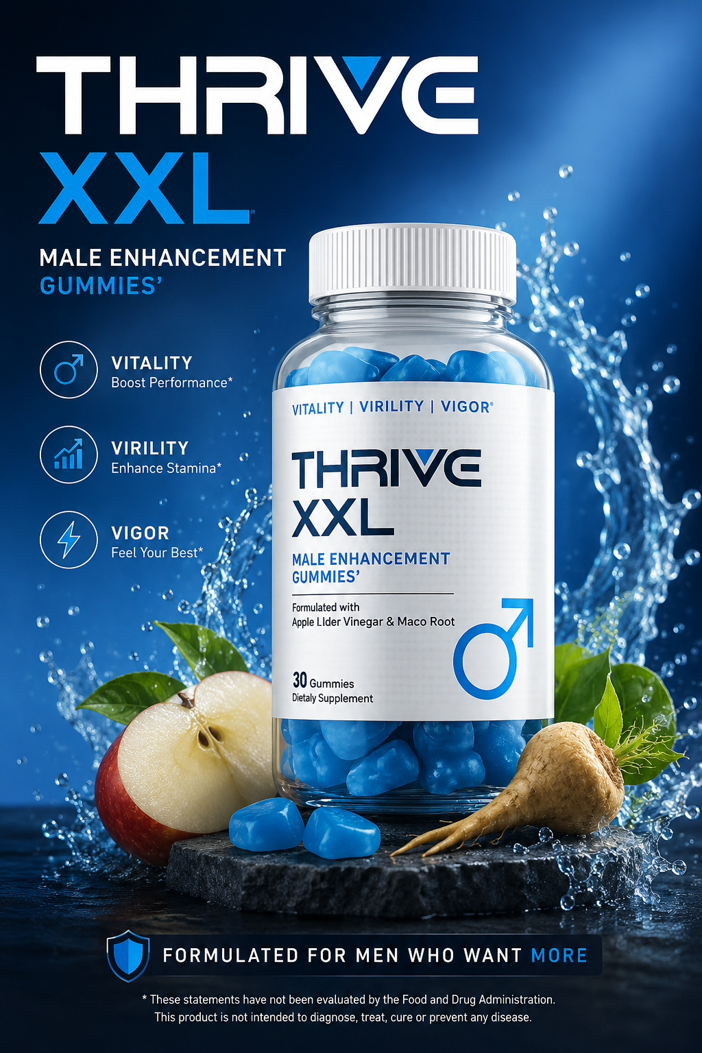 ThriveXXL Male Enhancement Gummies bottle with apple and maca root